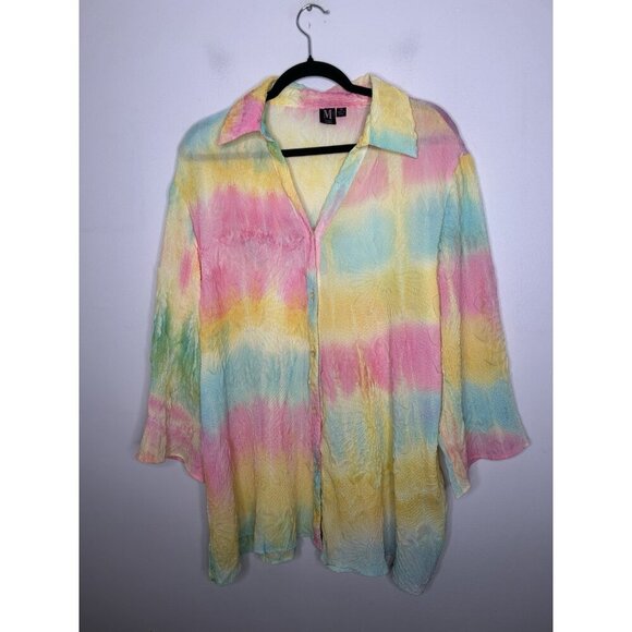 Milano Large Abstract Pastel Tie Dye Button Up Blouse Gauzy Hippie Plus Size 1X - Picture 1 of 10